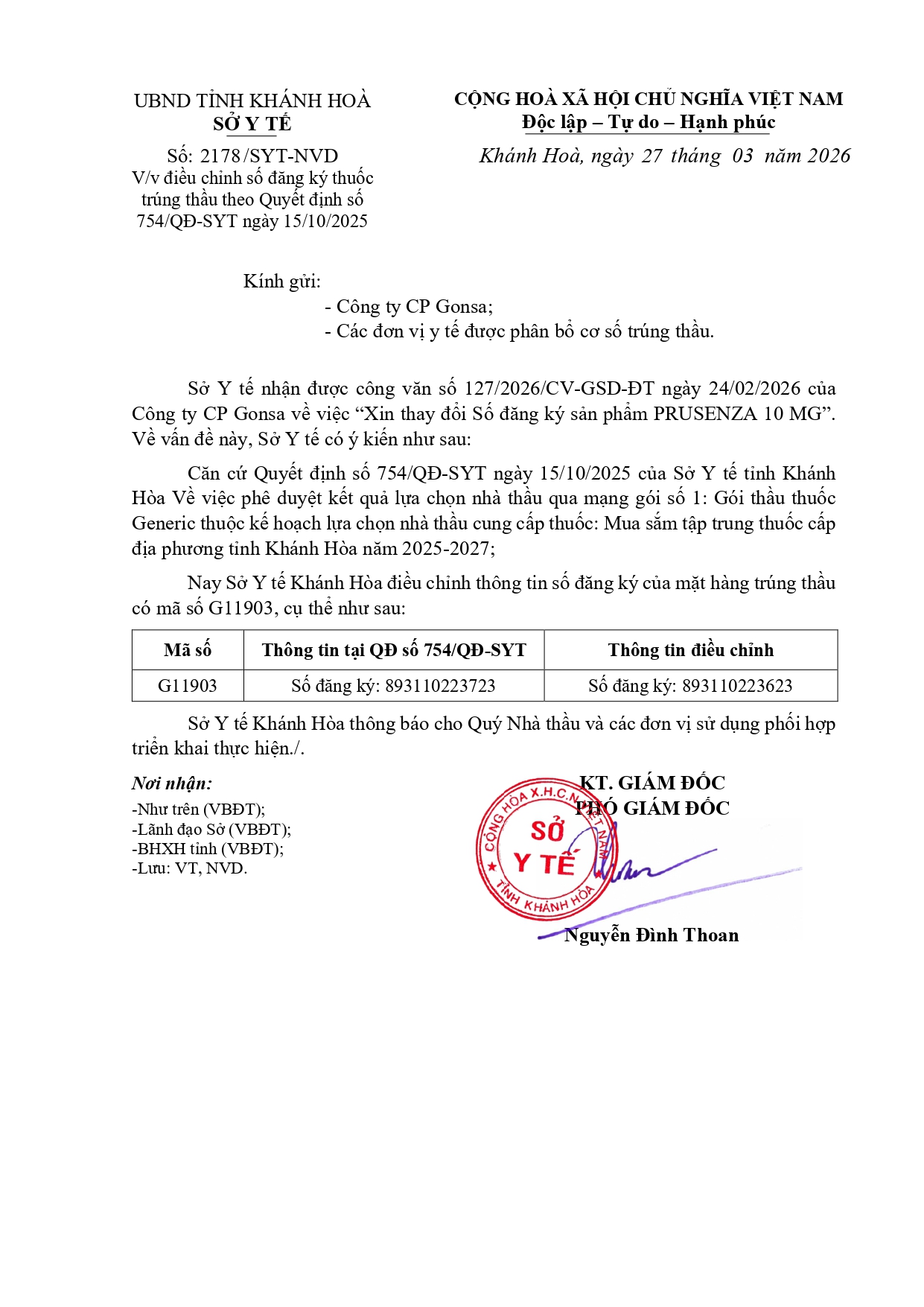 V/v điều chỉnh số đăng ký thuốc trúng thầu theo Quyết định số 754/QĐ-SYT ngày 15/10/2025